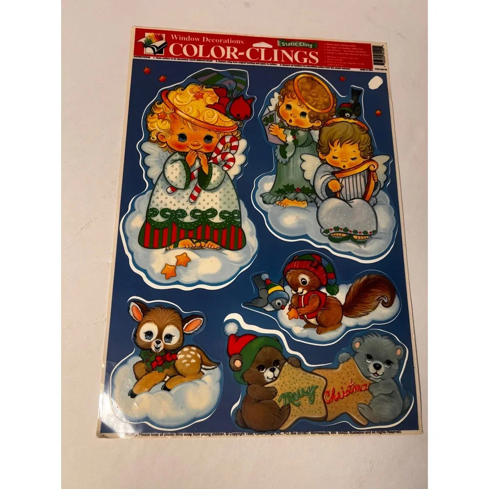 Vintage 1996 Color-Clings Christmas Window Clings Santa Nativity Bears Lot of 5